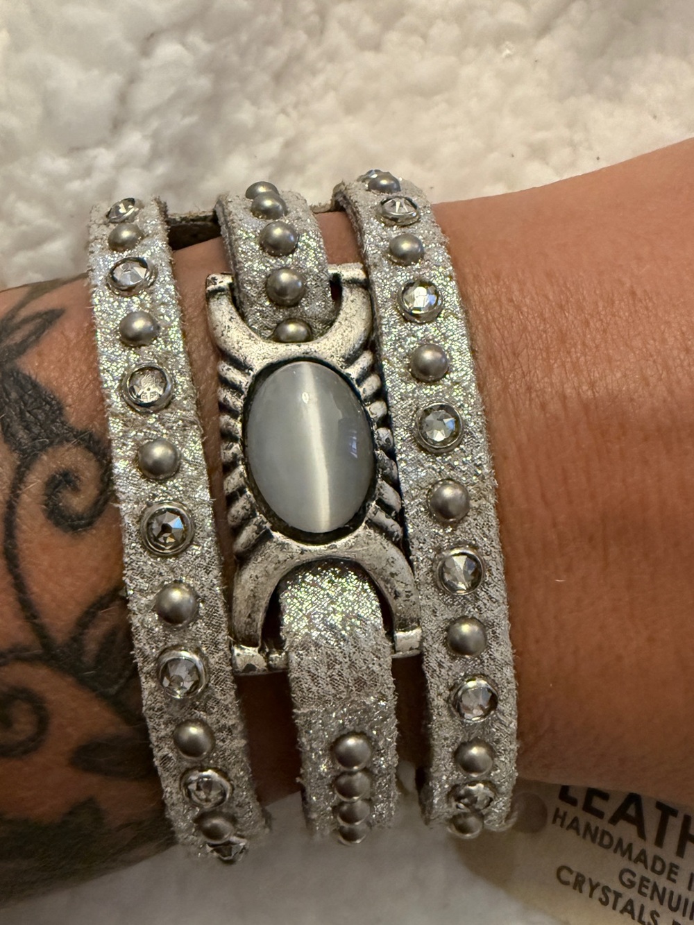 Leatherock Silver Crystal Wrap Bracelet with Cat's Eye Stone